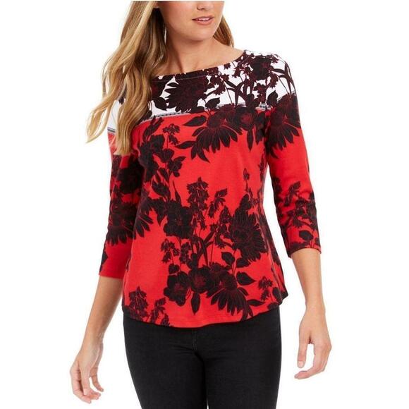 Charter Club Pima Cotton Printed Colorblocked Top Ravish Red Combo M - Picture 1 of 5